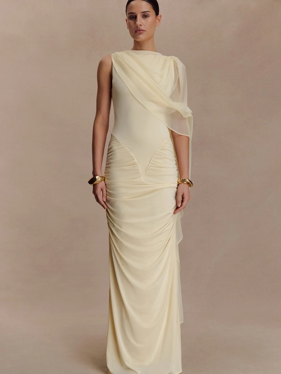 Meshki Dresses & Skirts - Meshki Pale Cream One-Shoulder Draped Maxi Dress